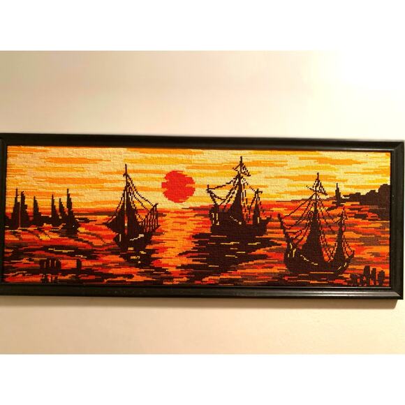 Vintage Framed Needlepoint Art 70s Handmade Oblong yellow Orange Coastal Water - Picture 5 of 5